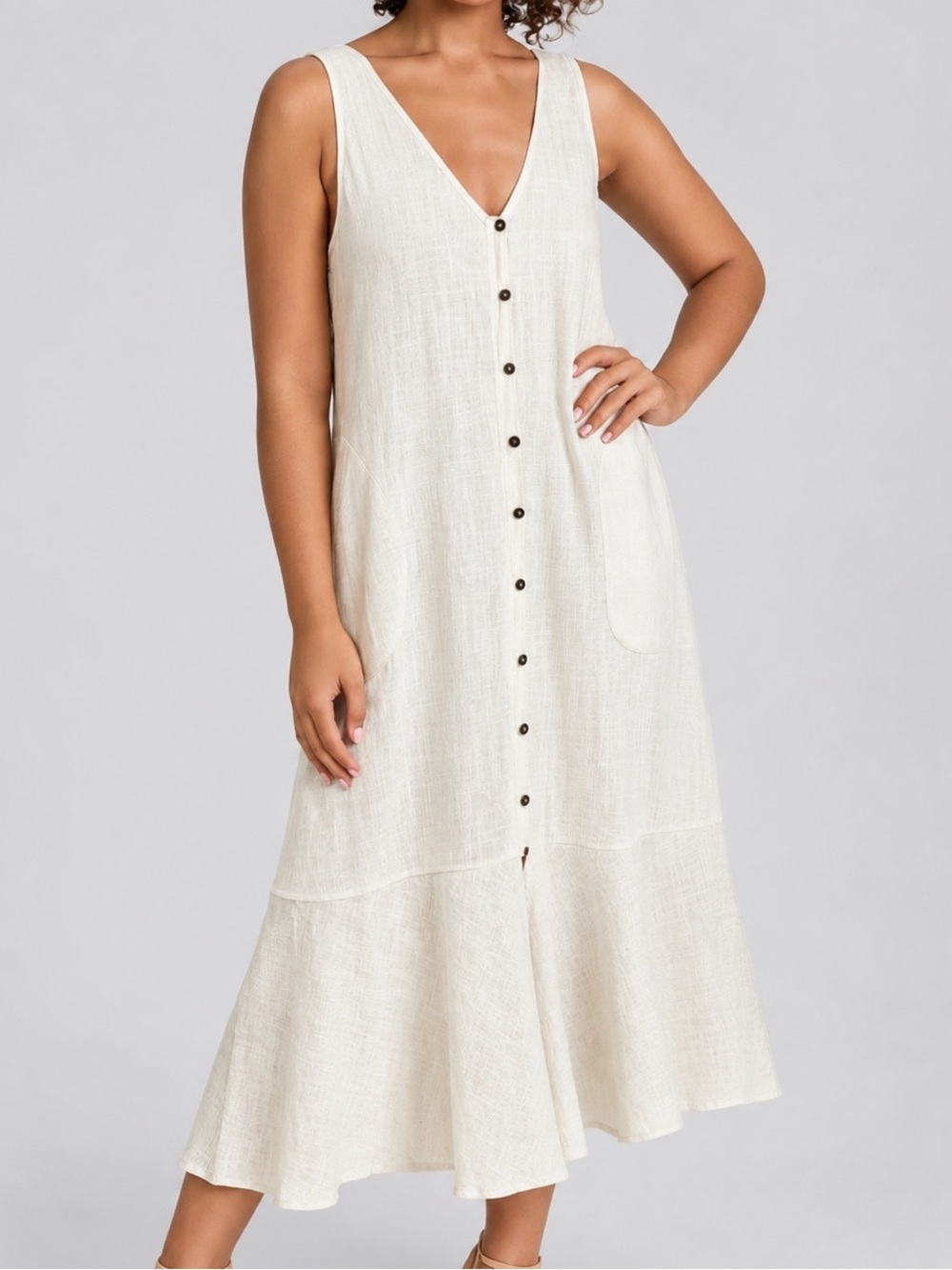 🆕 Free People White Cotton Button-Front Midi Dress Large Boho Summer Size L